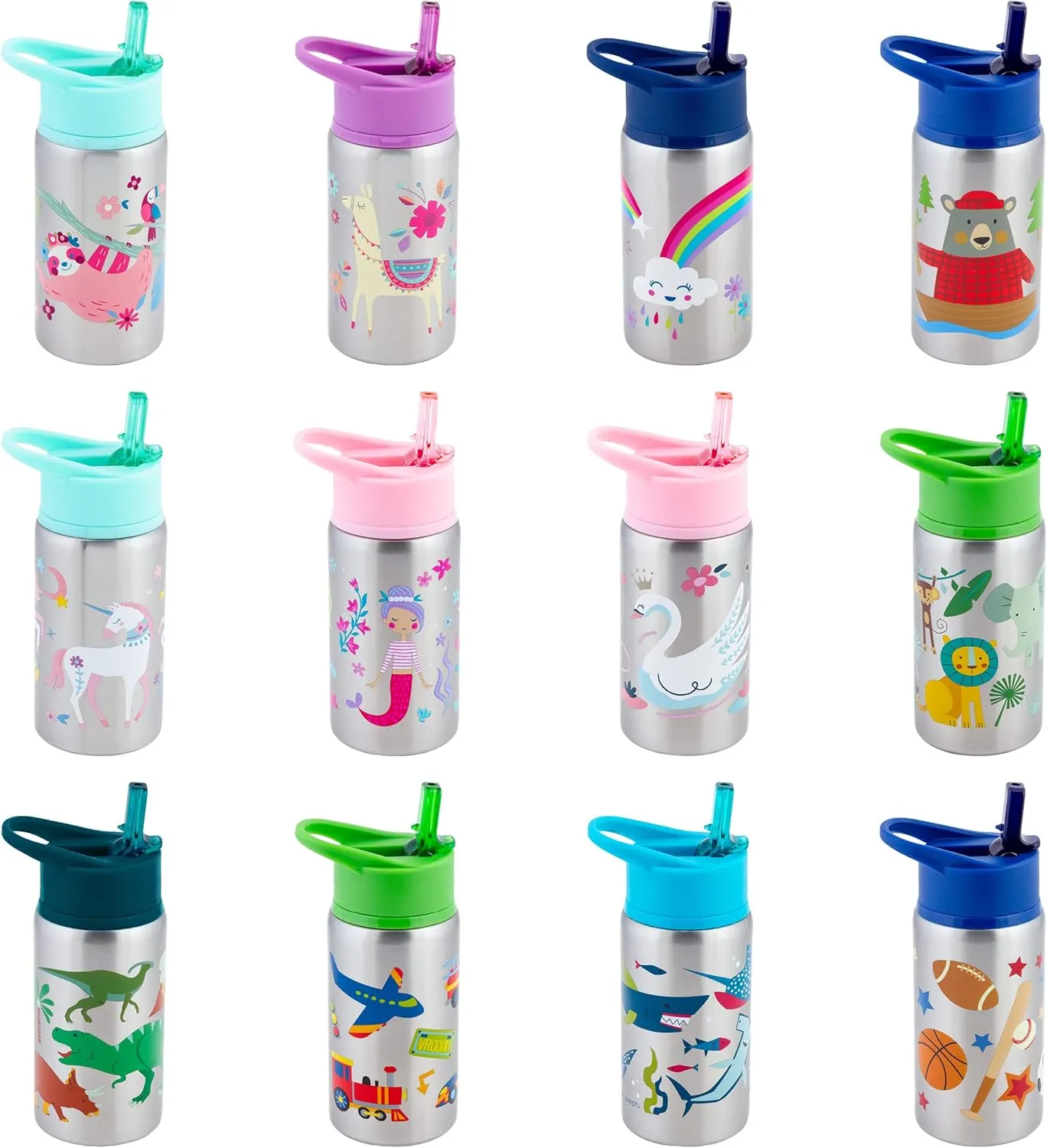 Stephen Joseph Stainless Steel Water Bottles, 18 OZ, Straw lid, Reusable tumbler, Insulated, Sports