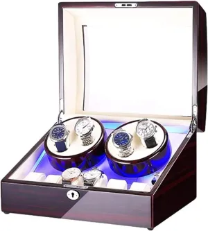Storage Box Watch Winder for 4 Automatic with Blue Led Light Piano Paint Finish Dual Power Supply Classic Case