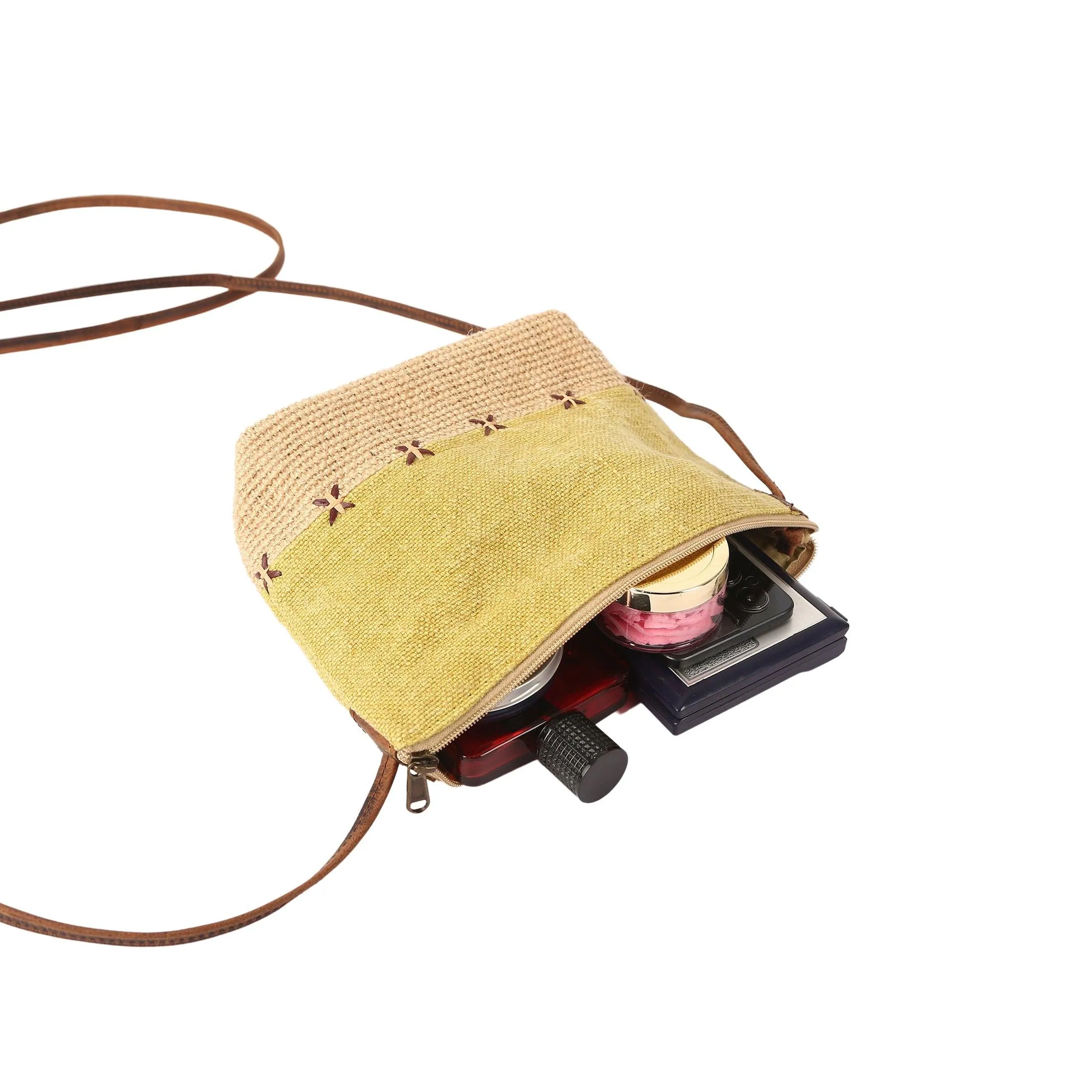 Stylish Jute Slingbag with Buffalo Strap