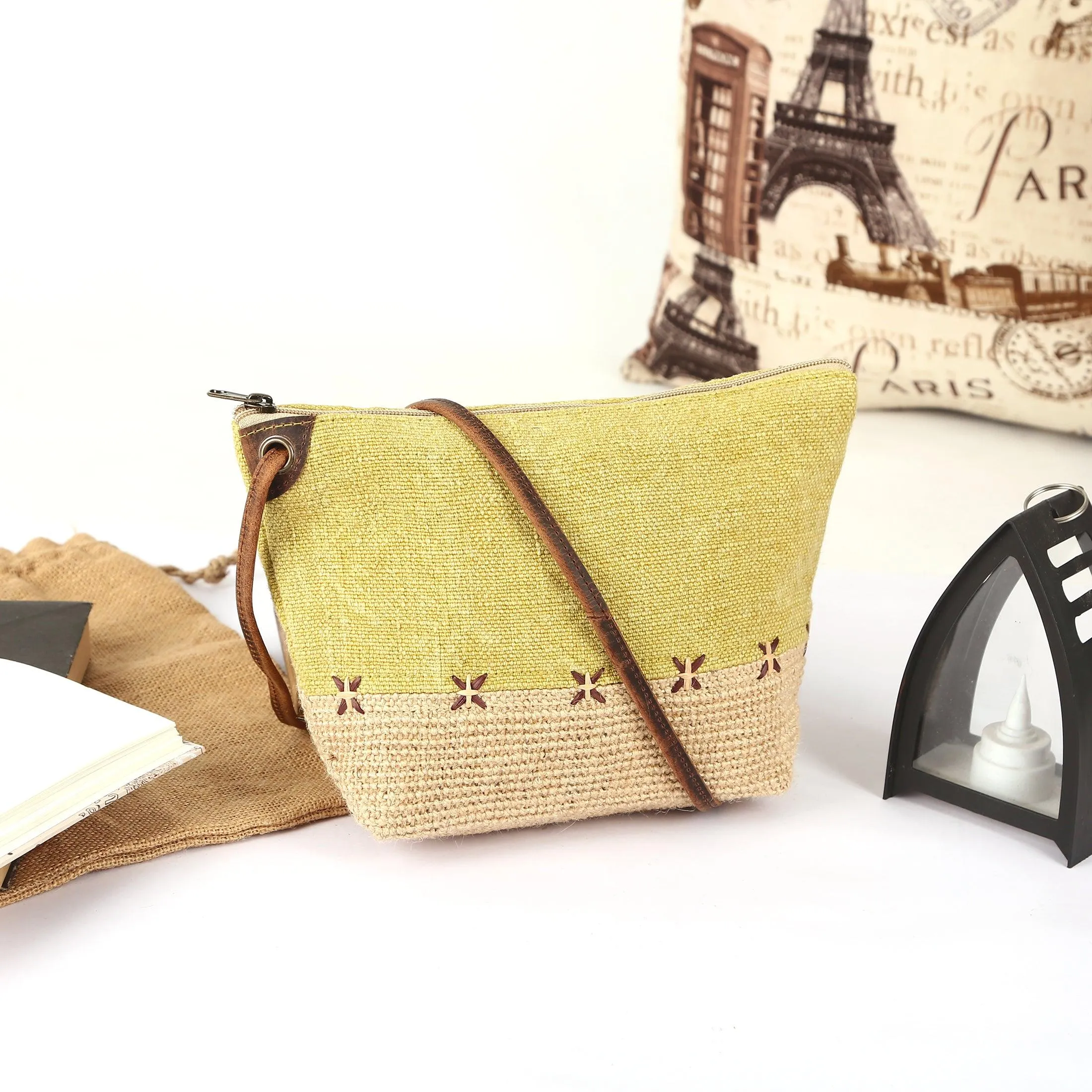 Stylish Jute Slingbag with Buffalo Strap
