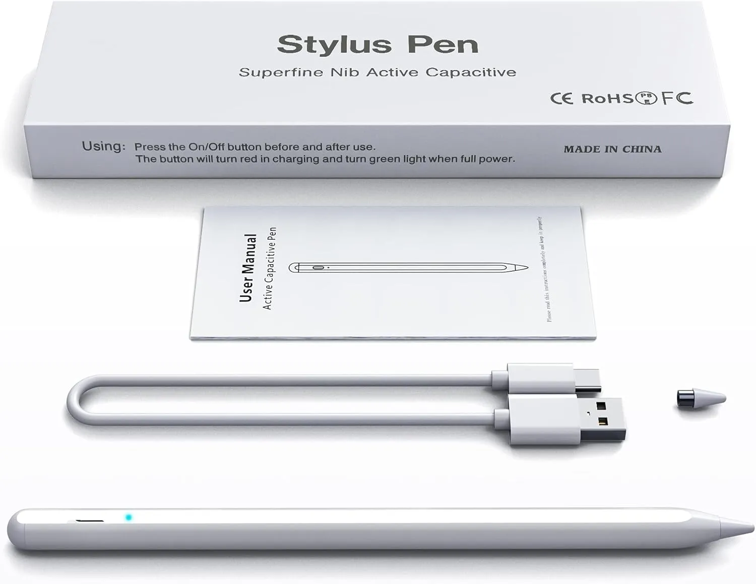 Stylus Pen, Active Stylus Pen Compatible for iOS and Android Touchscreens/Phones, Rechargeable Stylus Pen with Dual Touch Screen, Stylus Pencil for A-pple/Android/Tablet, 16.5CM,White