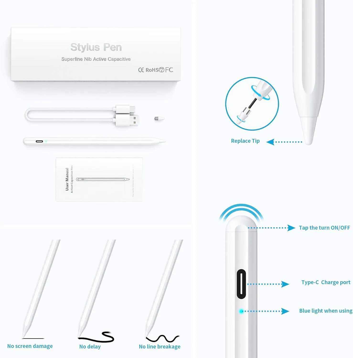 Stylus Pen, Active Stylus Pen Compatible for iOS and Android Touchscreens/Phones, Rechargeable Stylus Pen with Dual Touch Screen, Stylus Pencil for A-pple/Android/Tablet, 16.5CM,White