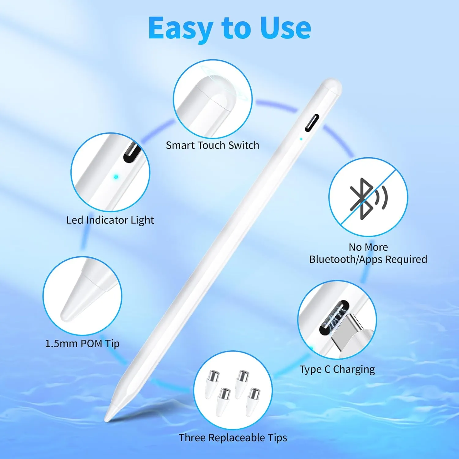 Stylus Pen, Active Stylus Pen Compatible for iOS and Android Touchscreens/Phones, Rechargeable Stylus Pen with Dual Touch Screen, Stylus Pencil for A-pple/Android/Tablet, 16.5CM,White