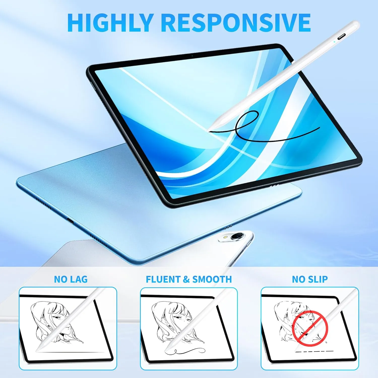 Stylus Pen, Active Stylus Pen Compatible for iOS and Android Touchscreens/Phones, Rechargeable Stylus Pen with Dual Touch Screen, Stylus Pencil for A-pple/Android/Tablet, 16.5CM,White
