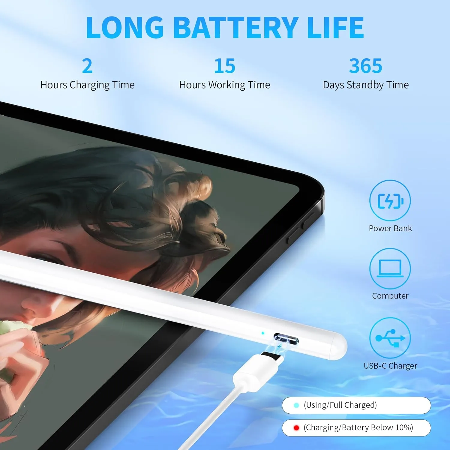Stylus Pen, Active Stylus Pen Compatible for iOS and Android Touchscreens/Phones, Rechargeable Stylus Pen with Dual Touch Screen, Stylus Pencil for A-pple/Android/Tablet, 16.5CM,White
