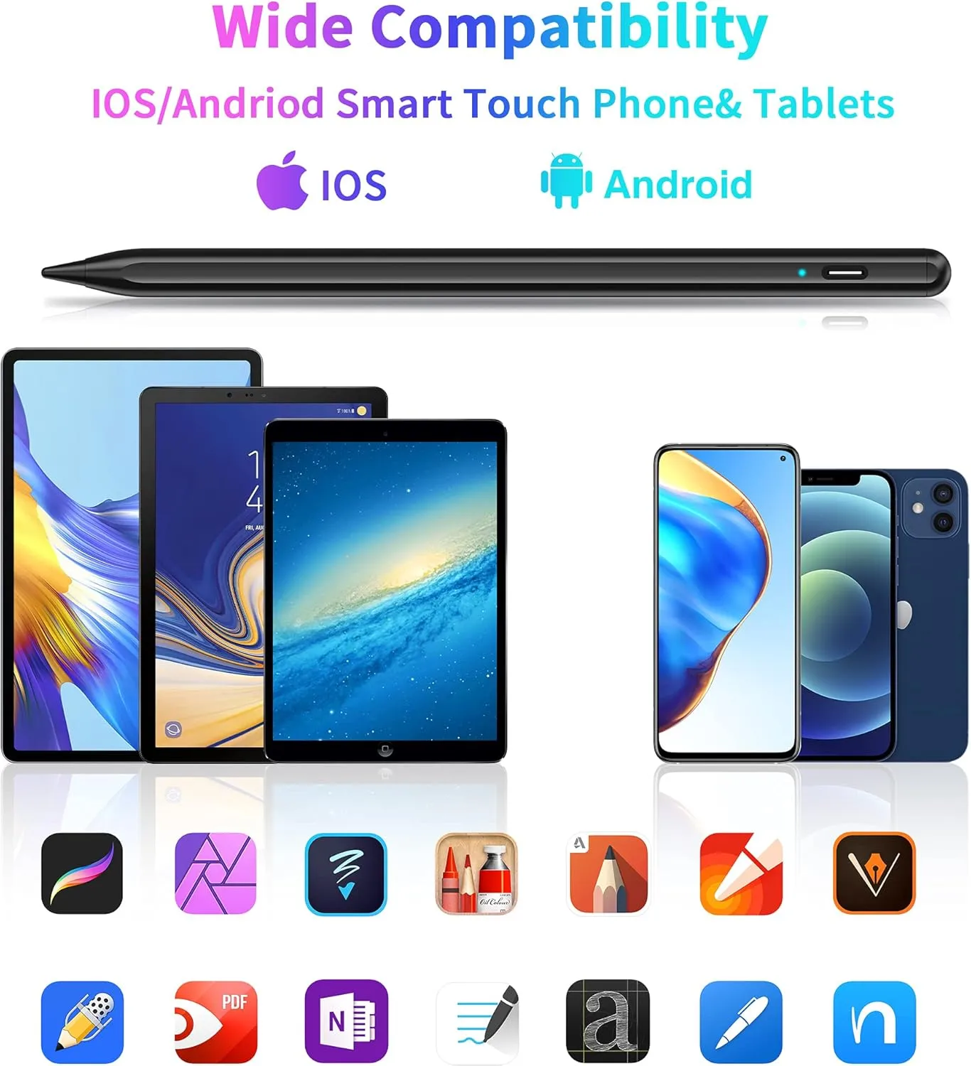 Stylus Pen, Tablet Pen Compatible for Android and iOS Touchscreens, Rechargeable Stylists Pen with Dual Touch Screen, Stylus Pencil for A-pple/Android/Tablet, Black