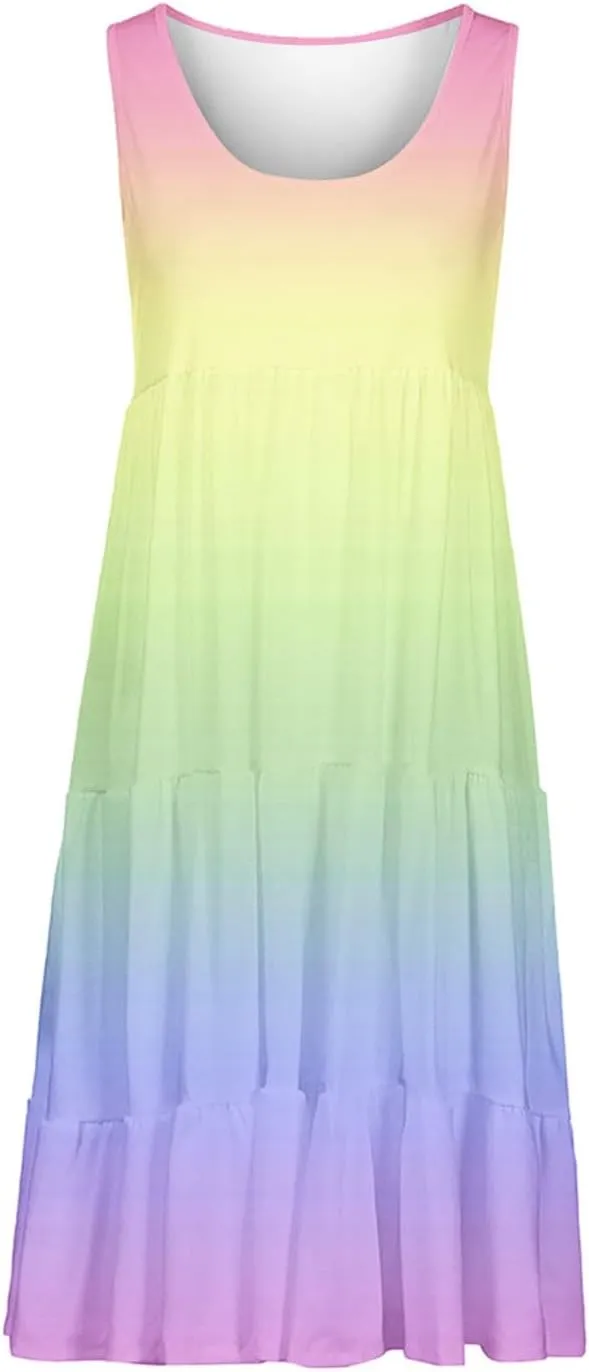 Summer Fashion Dress for Women Comfy Gradient Color Elegant Skirts Pleated Sleeveless Round Neck Dresses Daily