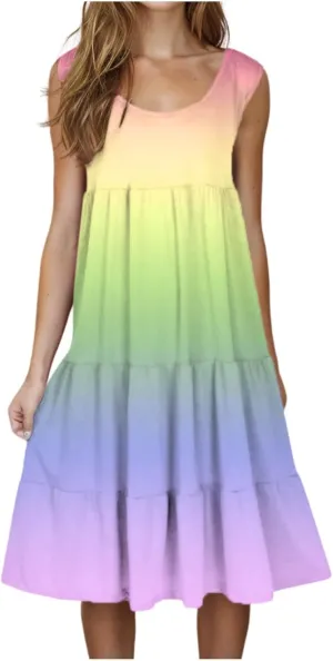 Summer Fashion Dress for Women Comfy Gradient Color Elegant Skirts Pleated Sleeveless Round Neck Dresses Daily