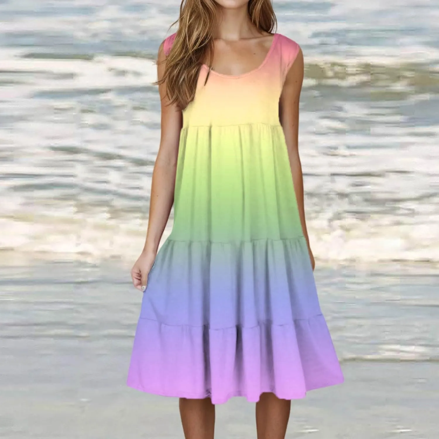 Summer Fashion Dress for Women Comfy Gradient Color Elegant Skirts Pleated Sleeveless Round Neck Dresses Daily