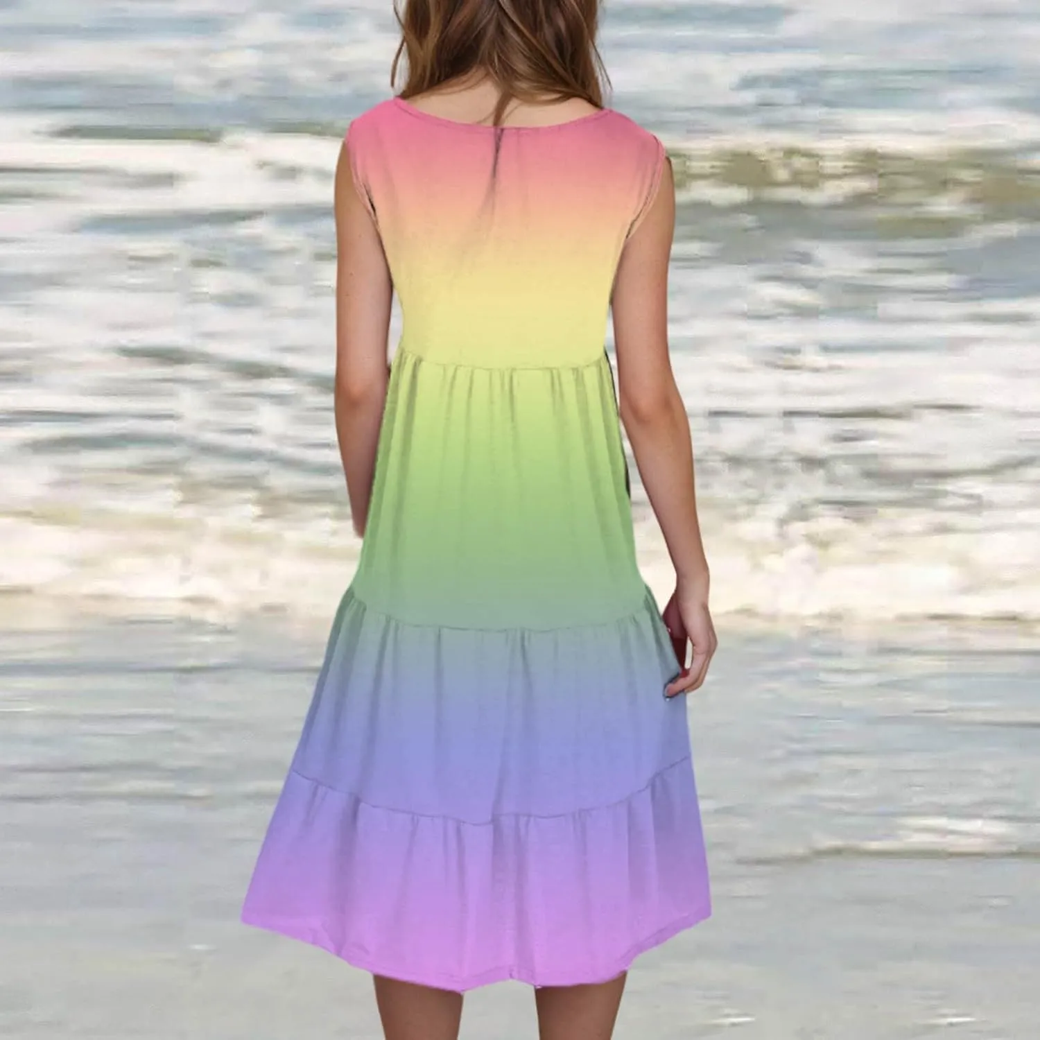 Summer Fashion Dress for Women Comfy Gradient Color Elegant Skirts Pleated Sleeveless Round Neck Dresses Daily