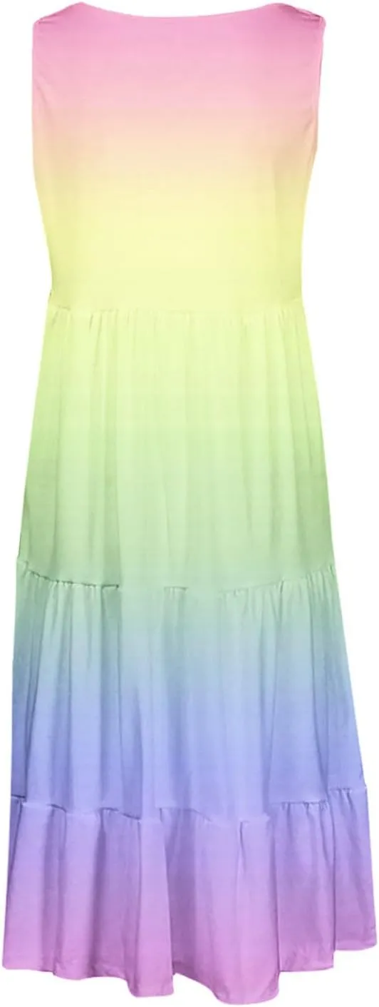Summer Fashion Dress for Women Comfy Gradient Color Elegant Skirts Pleated Sleeveless Round Neck Dresses Daily