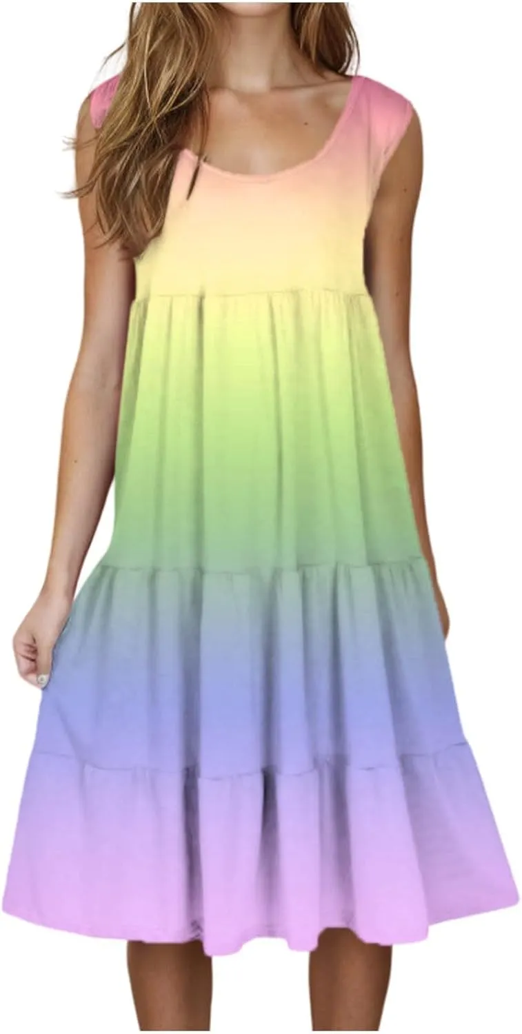 Summer Fashion Dress for Women Comfy Gradient Color Elegant Skirts Pleated Sleeveless Round Neck Dresses Daily