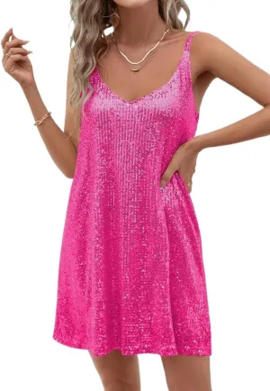 Summer Sleeveless Sequin V-Neck Party Dress Sexy Mini Dress for Womens Elegant