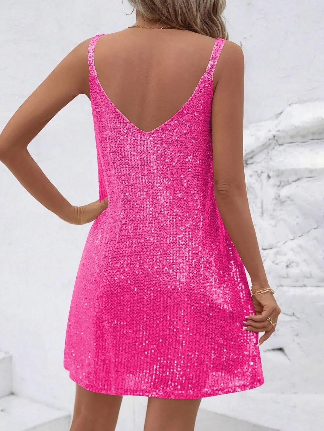 Summer Sleeveless Sequin V-Neck Party Dress Sexy Mini Dress for Womens Elegant