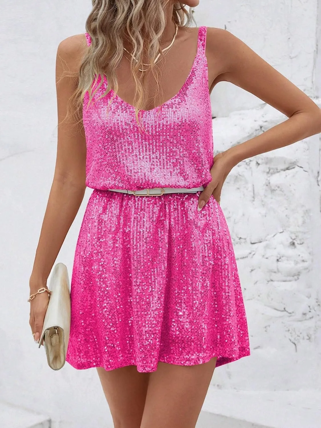 Summer Sleeveless Sequin V-Neck Party Dress Sexy Mini Dress for Womens Elegant