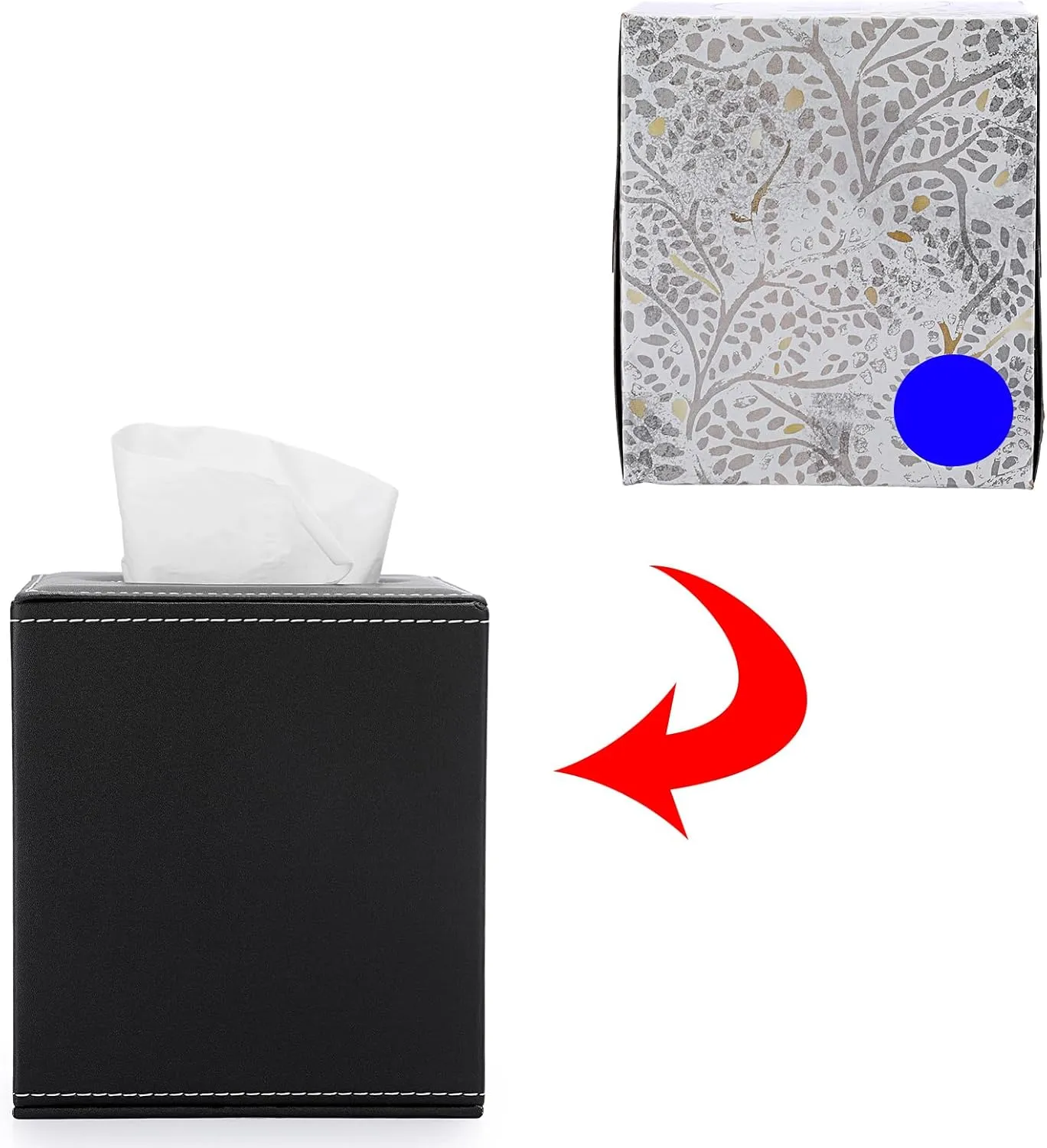 Sumnacon Square Leather Tissue Box Cover - Stylish Cube Tissue Box Holder with Magnetic Bottom, Decorative PU Tissue Box for Vanity Dresser Night Stand Table Countertop Home Office Car, Black