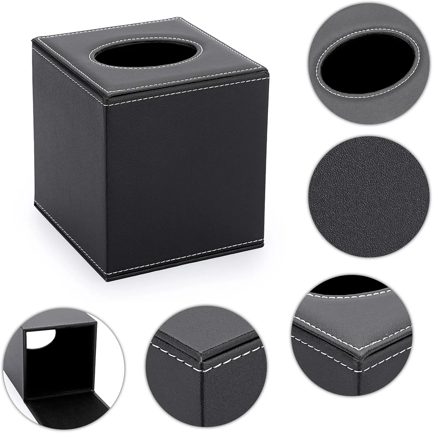 Sumnacon Square Leather Tissue Box Cover - Stylish Cube Tissue Box Holder with Magnetic Bottom, Decorative PU Tissue Box for Vanity Dresser Night Stand Table Countertop Home Office Car, Black