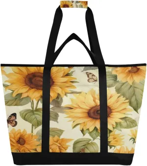 Sunflower Butterfly Reusable Insulated Lunchbox Cooler Bag, Leakproof Kitchen Grocery Bag Collapsible Portable Cooler Tote Bag for Picnic, Camping, Office, Travel