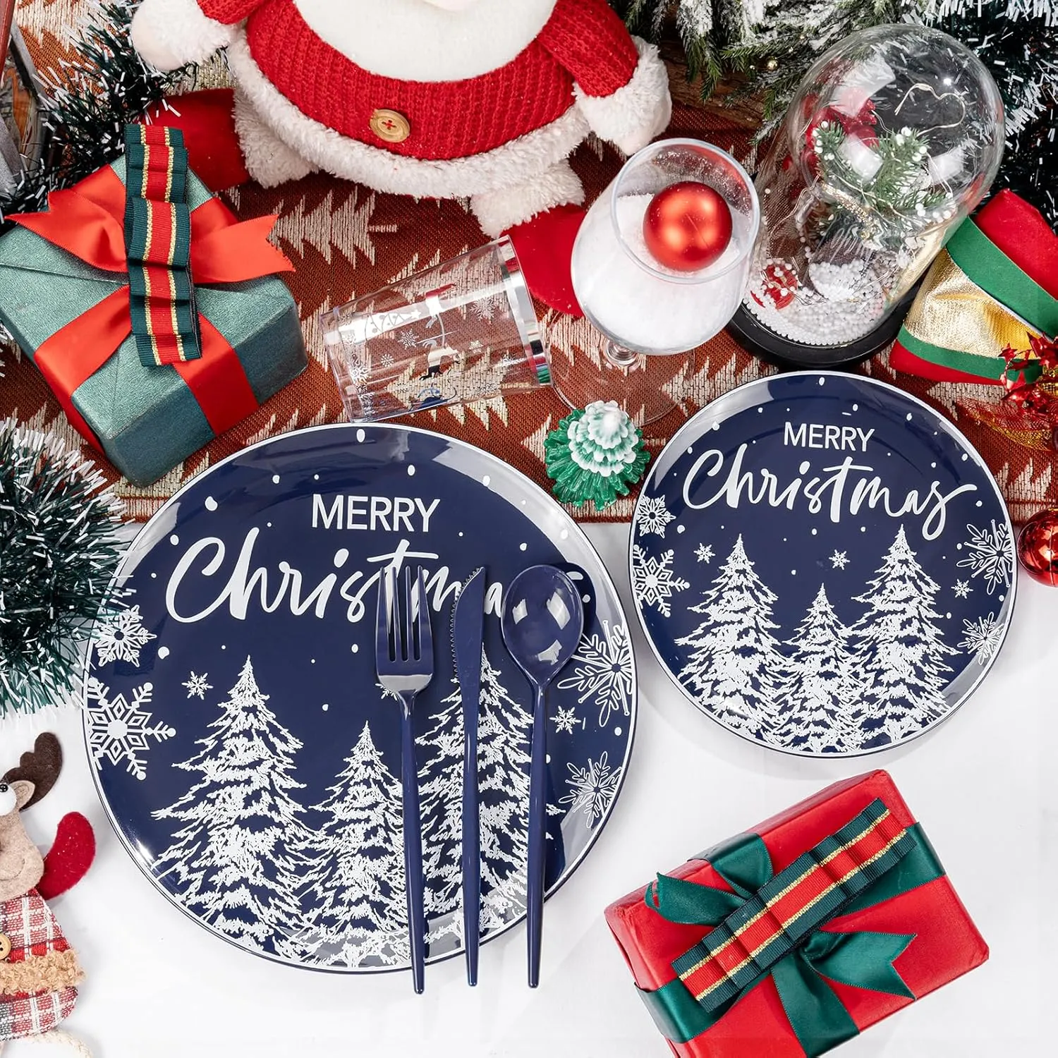 Supernal 150pcs Christmas Dinnerware Set - Blue and White Plates With Trees Design, Blue Silverware, Santa and Moose Silver Cups for New Year