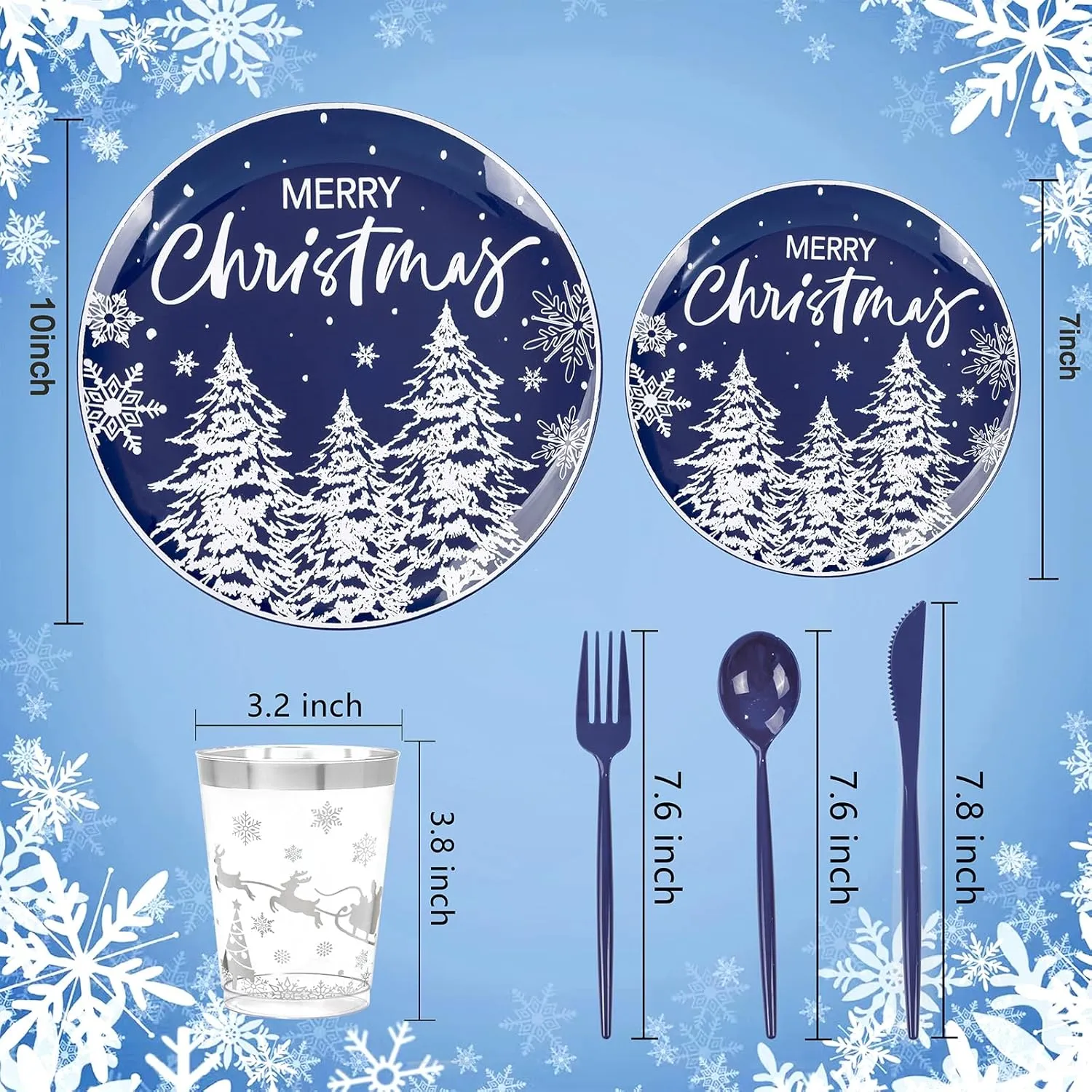 Supernal 150pcs Christmas Dinnerware Set - Blue and White Plates With Trees Design, Blue Silverware, Santa and Moose Silver Cups for New Year