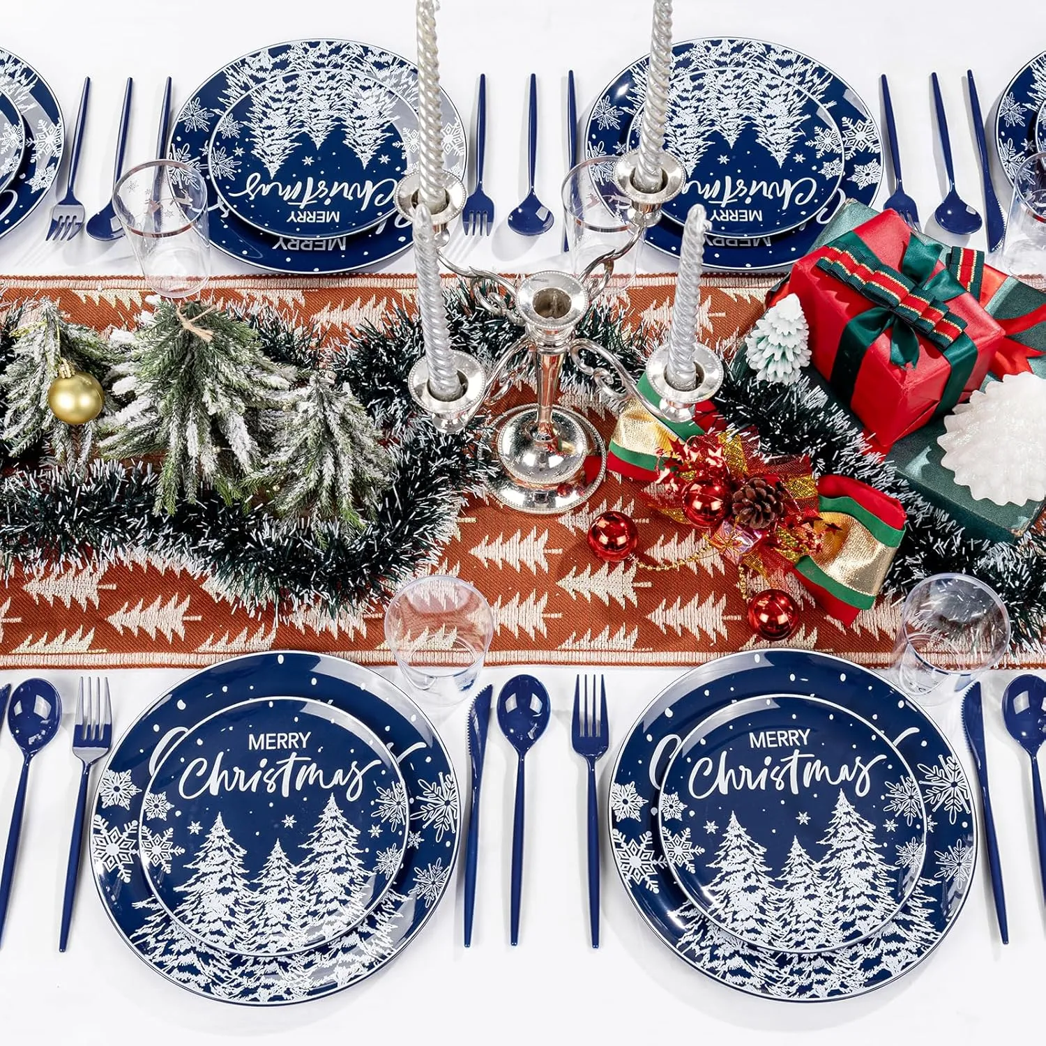 Supernal 150pcs Christmas Dinnerware Set - Blue and White Plates With Trees Design, Blue Silverware, Santa and Moose Silver Cups for New Year