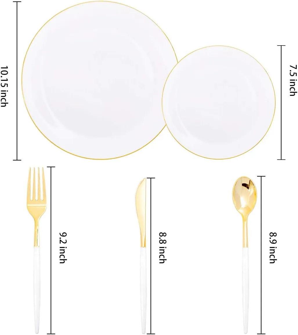 Supernal 150pcs White and Gold Plastic Plates,Gold Plastic Silverware,White Dinnerware Set Includes 60 Plates,30 Forks,30 Knives,30 Spoons For Weddings Celebrations