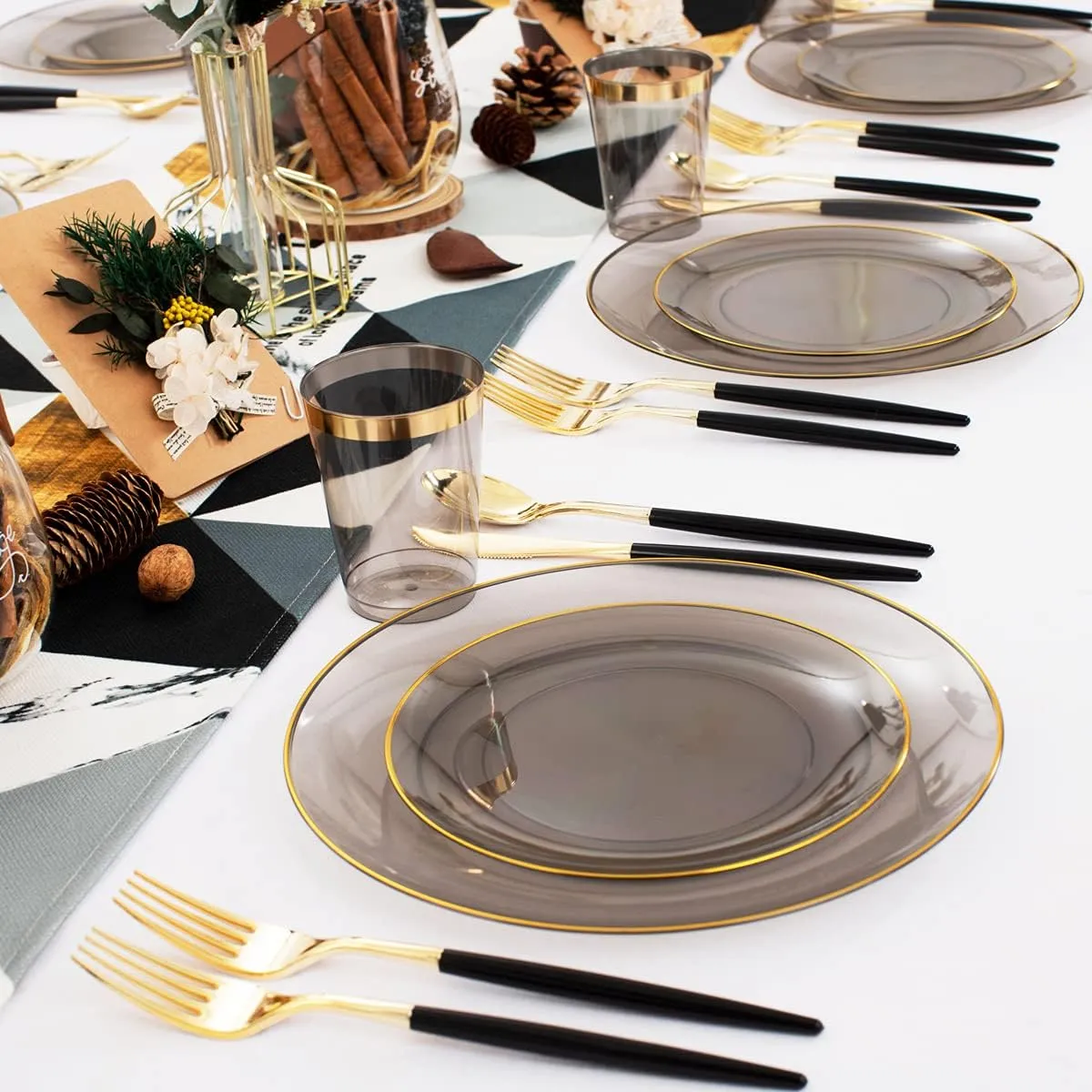 Supernal 180pcs Dinnerware Set - Black & Clear Plastic Plates, Gold Rimmed, Gold & Silverware, Perfect for Christmas