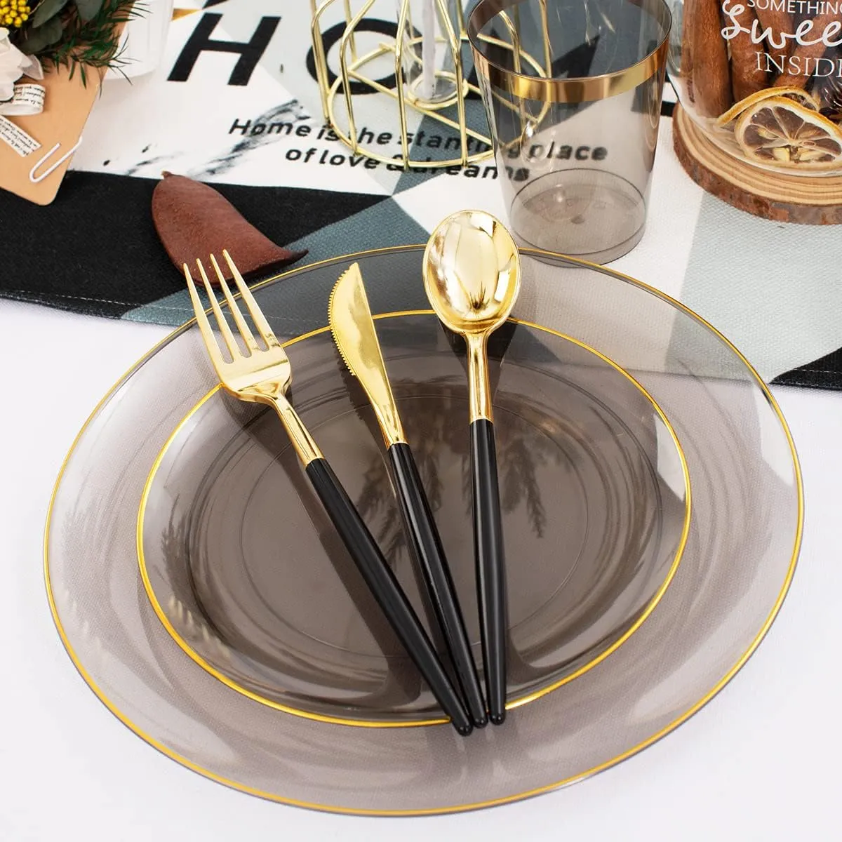 Supernal 180pcs Dinnerware Set - Black & Clear Plastic Plates, Gold Rimmed, Gold & Silverware, Perfect for Christmas