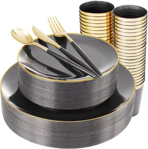 Supernal 180pcs Dinnerware Set - Black & Clear Plastic Plates, Gold Rimmed, Gold & Silverware, Perfect for Christmas