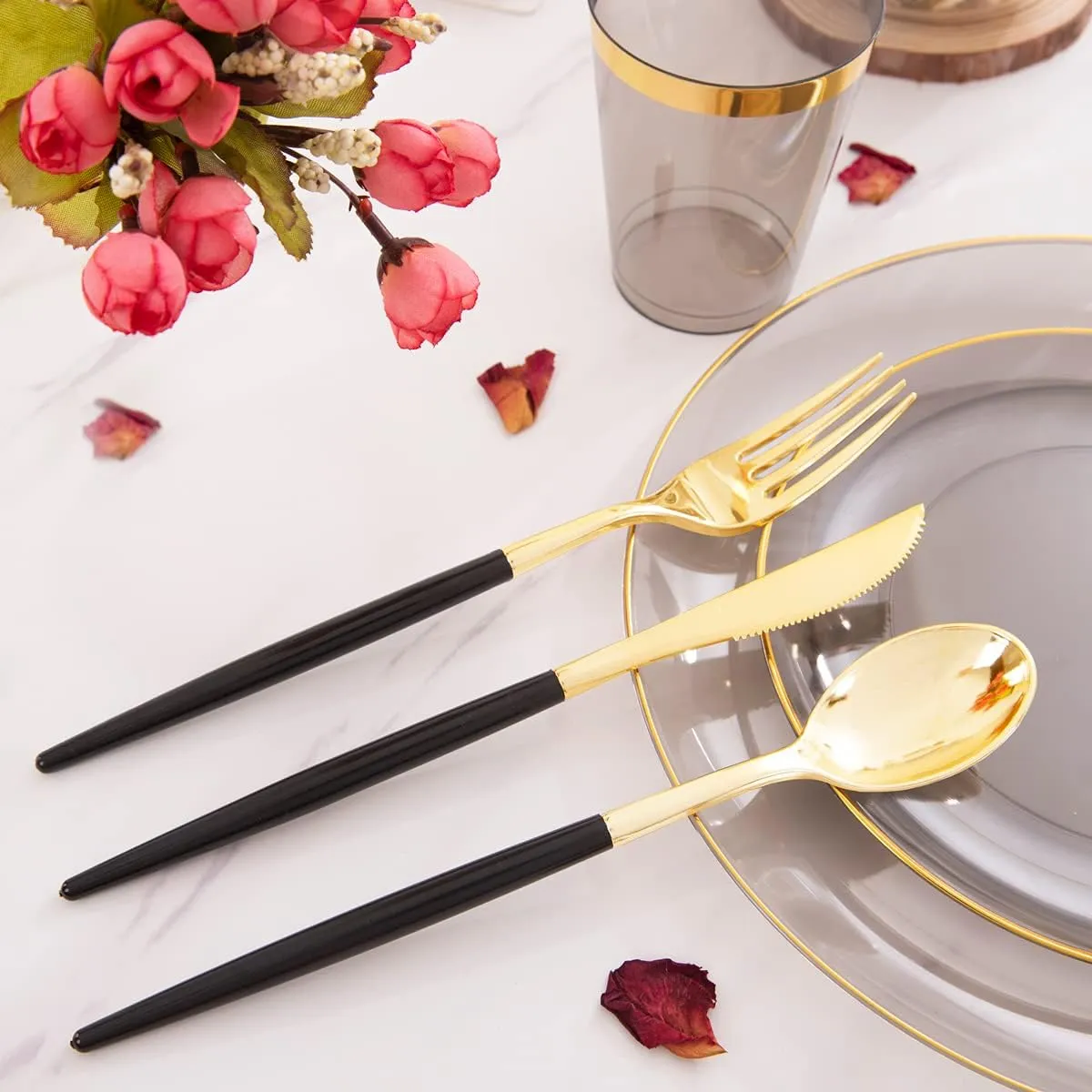 Supernal 180pcs Dinnerware Set - Black & Clear Plastic Plates, Gold Rimmed, Gold & Silverware, Perfect for Christmas