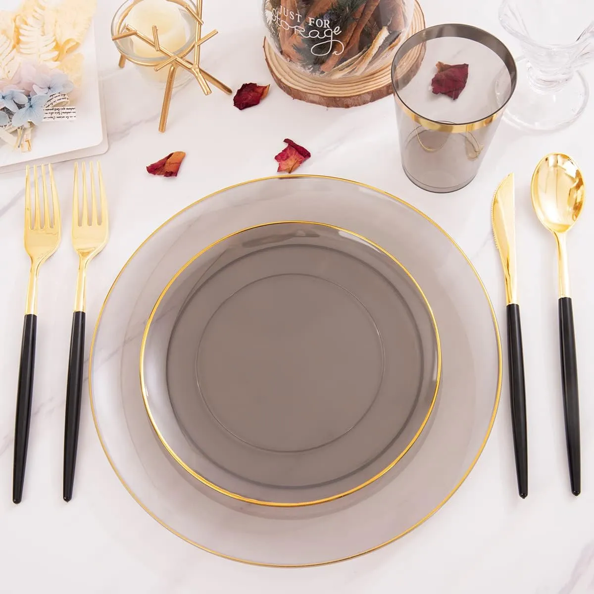 Supernal 180pcs Dinnerware Set - Black & Clear Plastic Plates, Gold Rimmed, Gold & Silverware, Perfect for Christmas