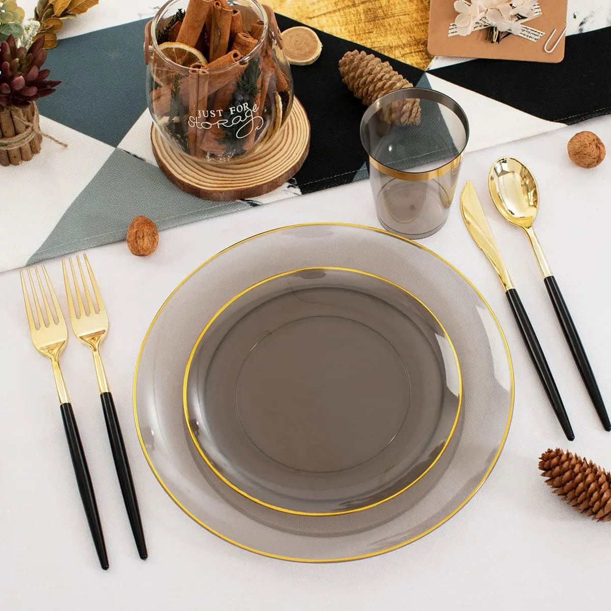 Supernal 180pcs Dinnerware Set - Black & Clear Plastic Plates, Gold Rimmed, Gold & Silverware, Perfect for Christmas