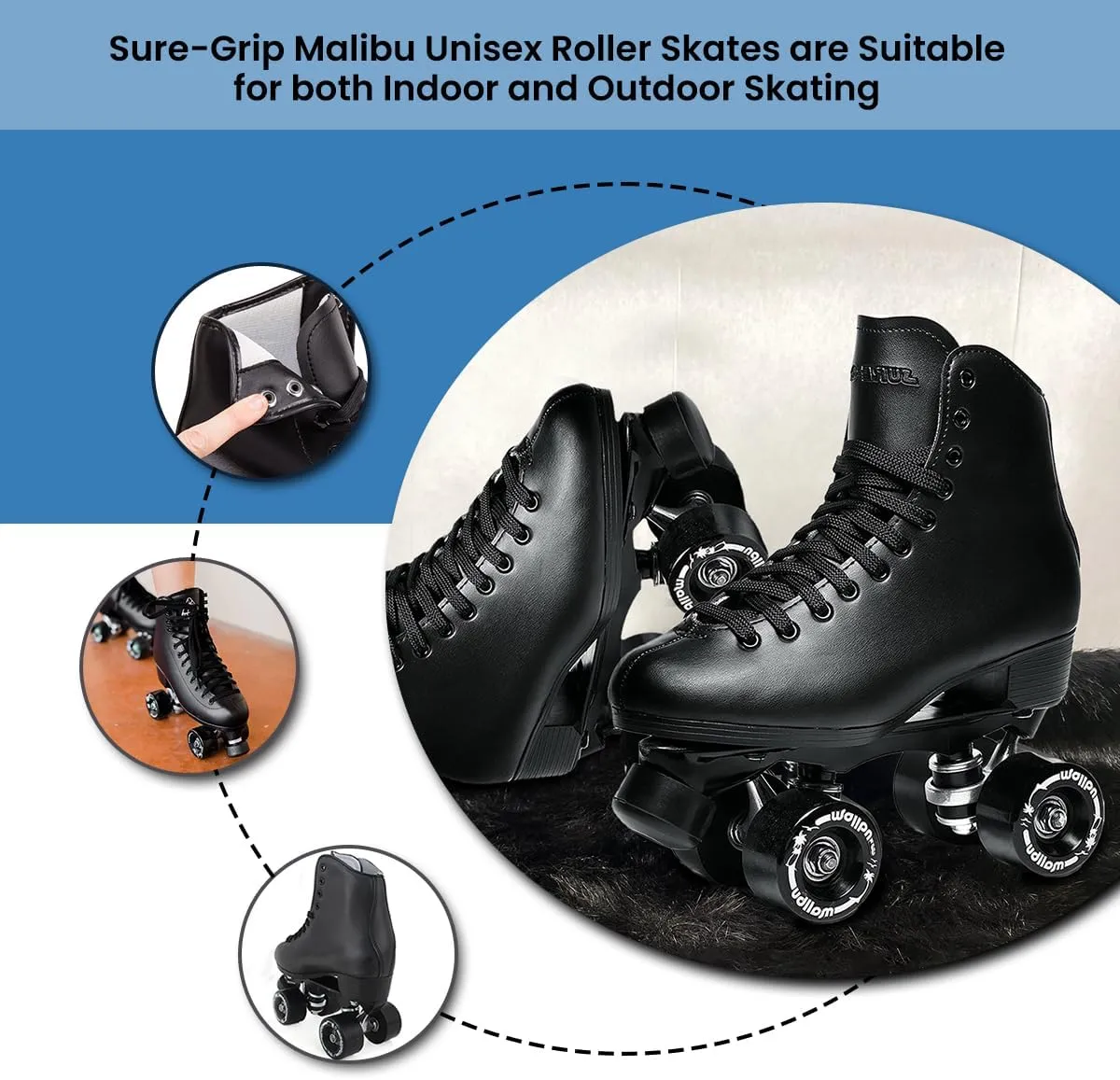Sure-Grip Malibu Unisex Roller Skates | Stylish and Durable Vegan Leather Upper | Equipped with Sturdy Aluminum Trucks and ABEC 3 Bearings - Wheels Featuring an 88a Hardness Rating, Made in USA