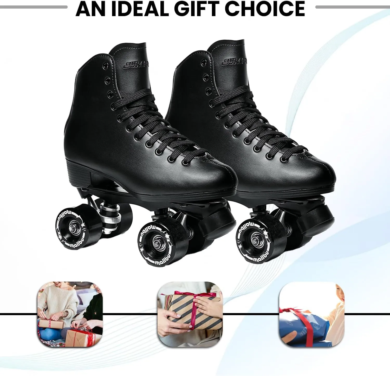 Sure-Grip Malibu Unisex Roller Skates | Stylish and Durable Vegan Leather Upper | Equipped with Sturdy Aluminum Trucks and ABEC 3 Bearings - Wheels Featuring an 88a Hardness Rating, Made in USA