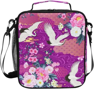 susiyo Blooming Peonies and Cranes Rectangular Lunch Bag Insulated Lunch Box Reusable Tote Handbag Shoulder Bag for Adults Women Men
