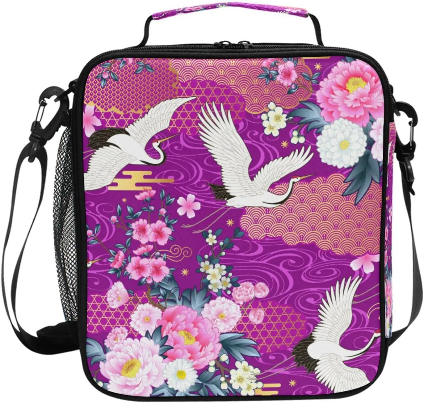 susiyo Blooming Peonies and Cranes Rectangular Lunch Bag Insulated Lunch Box Reusable Tote Handbag Shoulder Bag for Adults Women Men