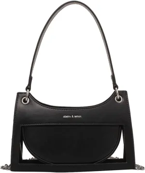 SweatyRocks Women's Cut Out Chain Strap Shoulder Bag Letter Print Top Handle Zipper Handbag Elegant Medium Bag Black One-Size
