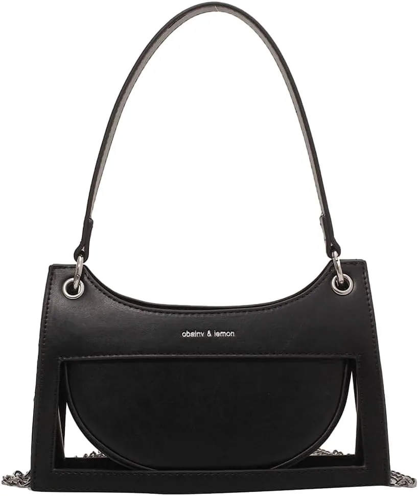 SweatyRocks Women's Cut Out Chain Strap Shoulder Bag Letter Print Top Handle Zipper Handbag Elegant Medium Bag Black One-Size
