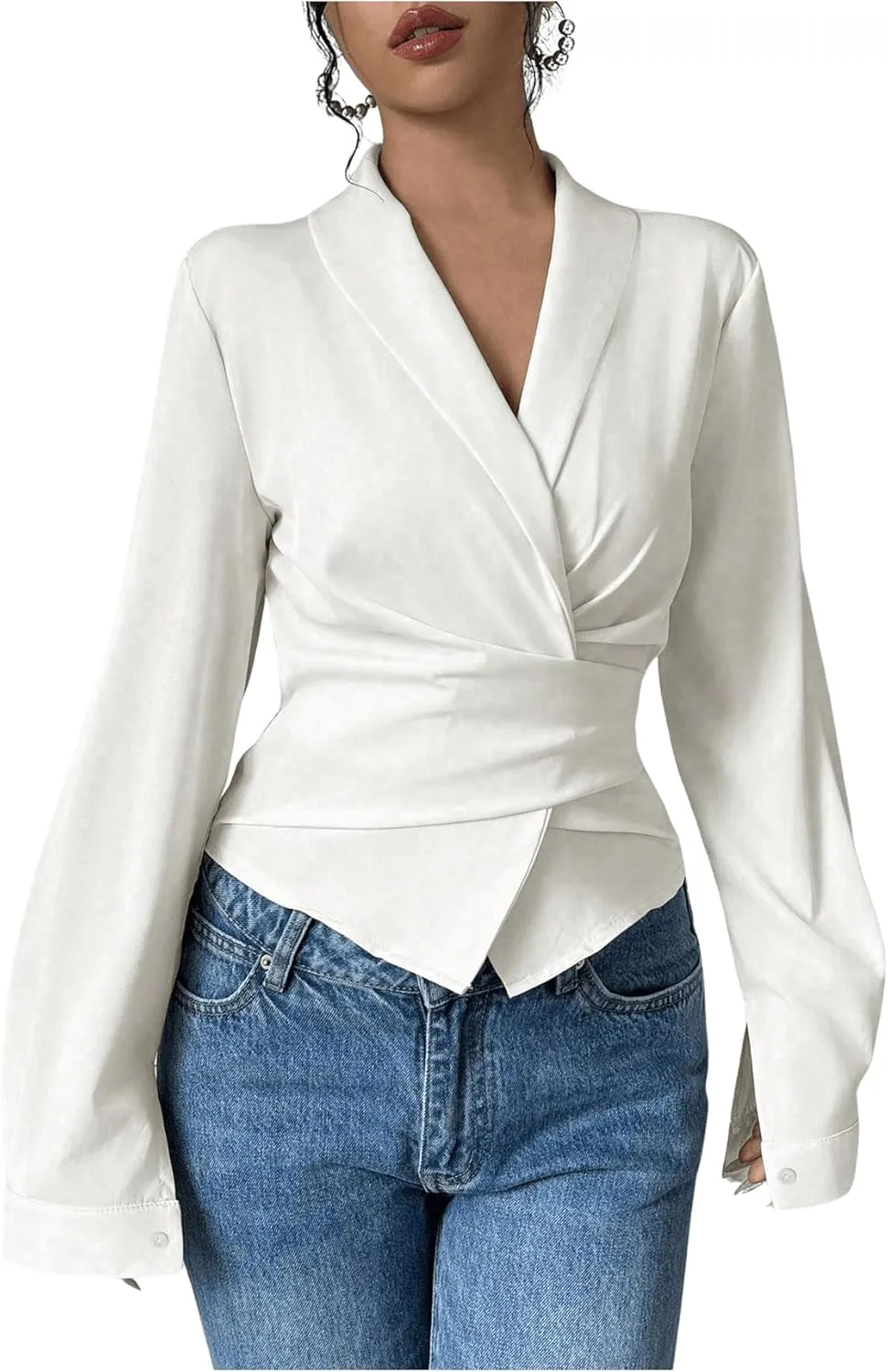 SweatyRocks Women's Elegant Wrap V Neck Blouse Long Sleeve Slim Fitted Belted Shirt Work Tops