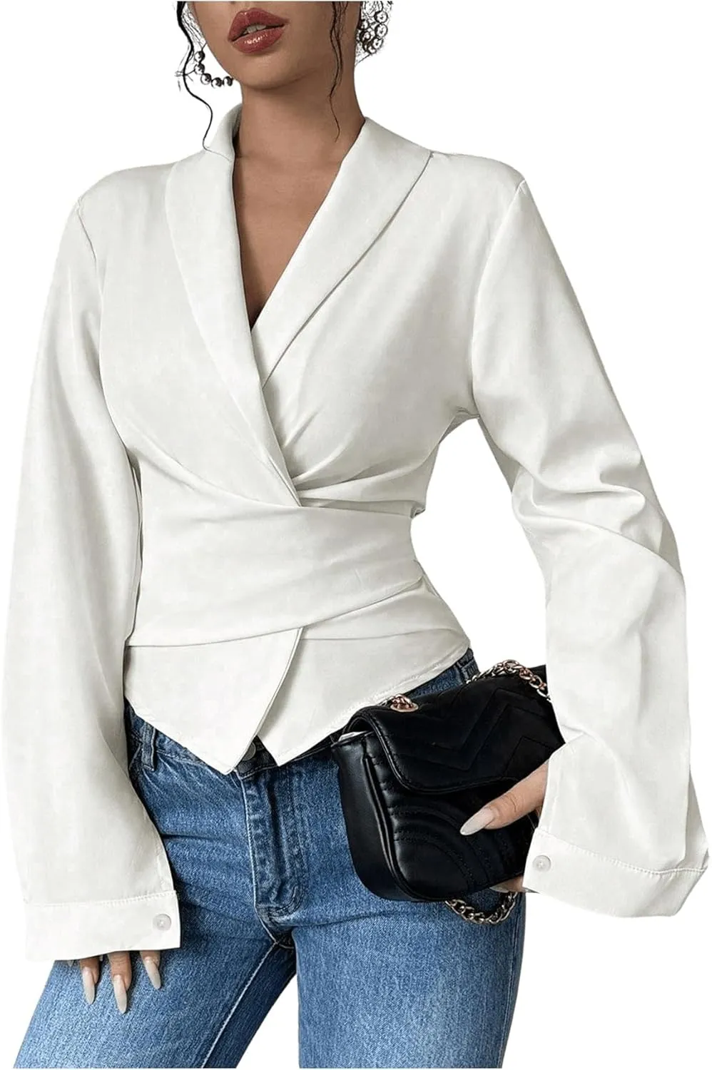 SweatyRocks Women's Elegant Wrap V Neck Blouse Long Sleeve Slim Fitted Belted Shirt Work Tops