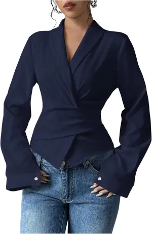 SweatyRocks Women's Elegant Wrap V Neck Blouse Long Sleeve Slim Fitted Belted Shirt Work Tops
