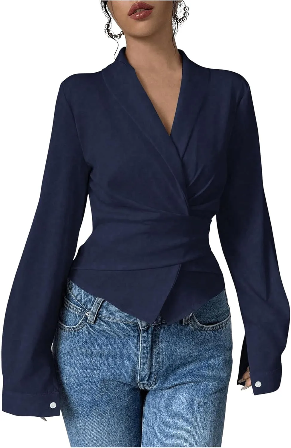 SweatyRocks Women's Elegant Wrap V Neck Blouse Long Sleeve Slim Fitted Belted Shirt Work Tops