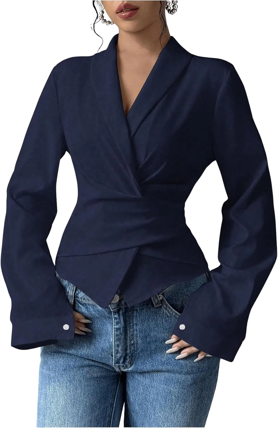SweatyRocks Women's Elegant Wrap V Neck Blouse Long Sleeve Slim Fitted Belted Shirt Work Tops