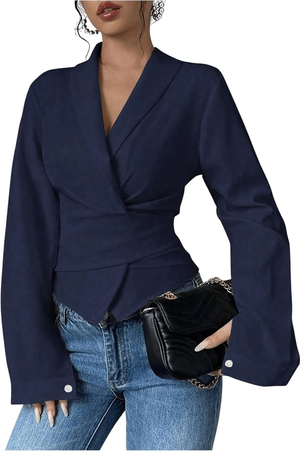 SweatyRocks Women's Elegant Wrap V Neck Blouse Long Sleeve Slim Fitted Belted Shirt Work Tops