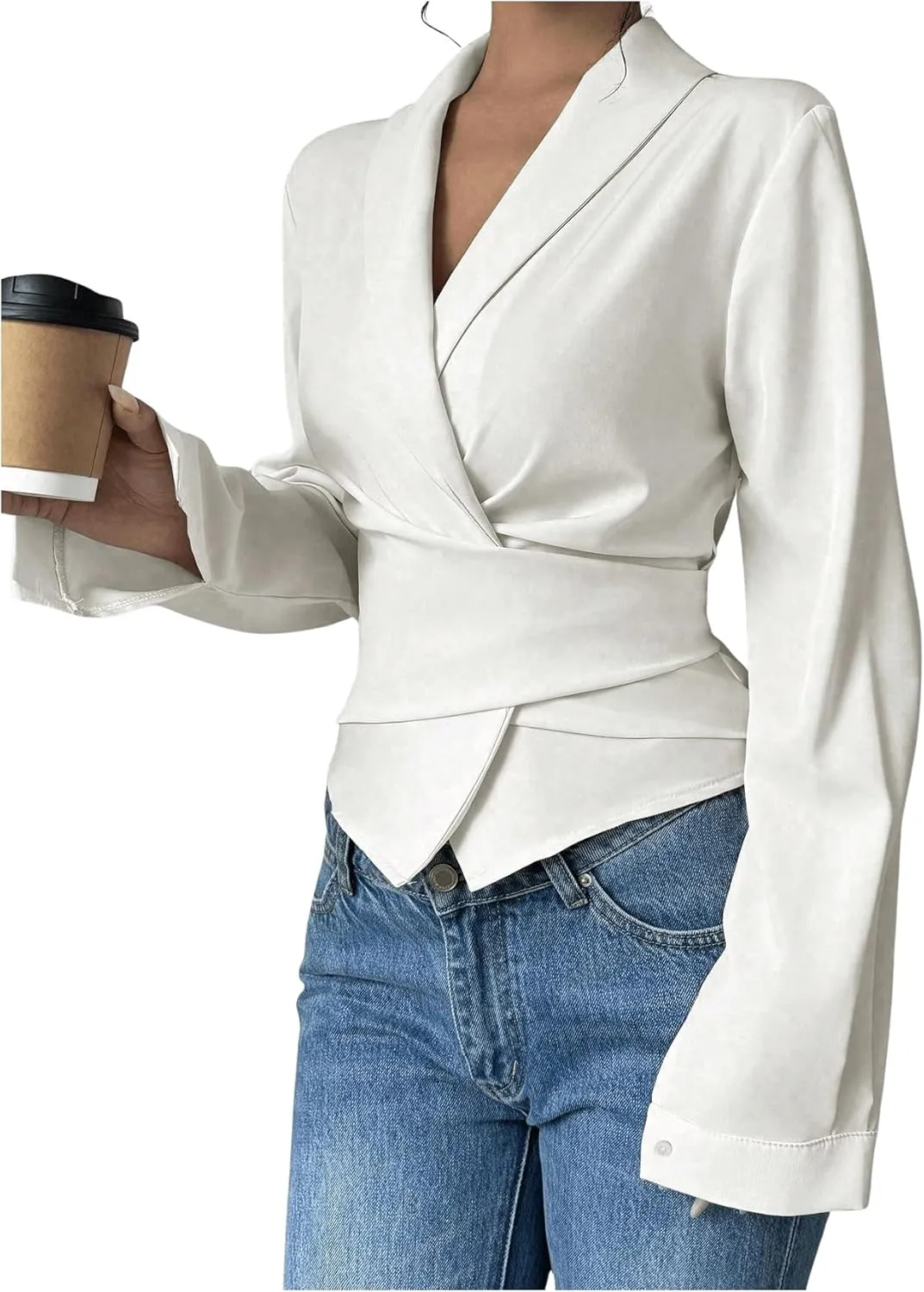 SweatyRocks Women's Elegant Wrap V Neck Blouse Long Sleeve Slim Fitted Belted Shirt Work Tops