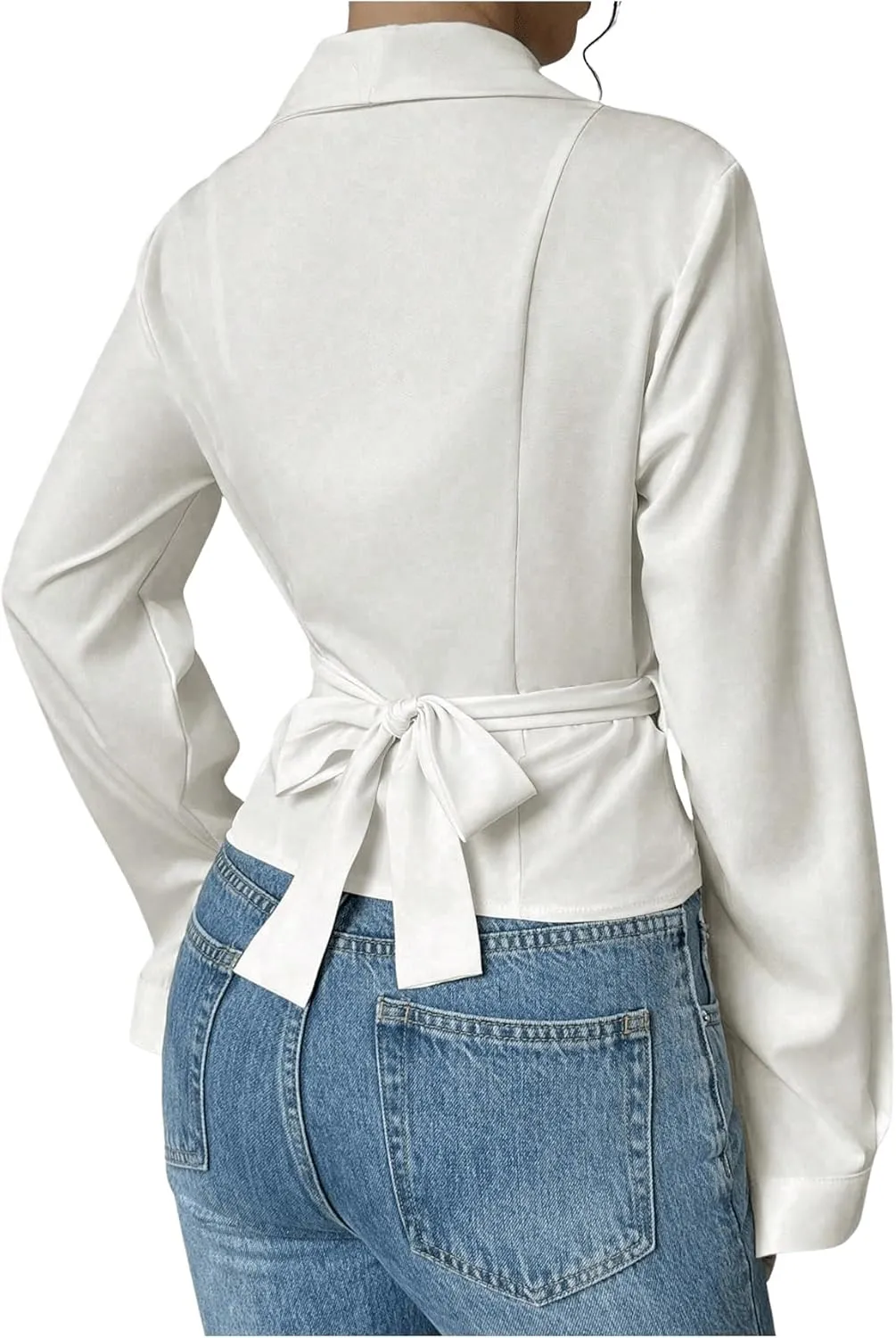 SweatyRocks Women's Elegant Wrap V Neck Blouse Long Sleeve Slim Fitted Belted Shirt Work Tops