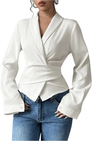 SweatyRocks Women's Elegant Wrap V Neck Blouse Long Sleeve Slim Fitted Belted Shirt Work Tops