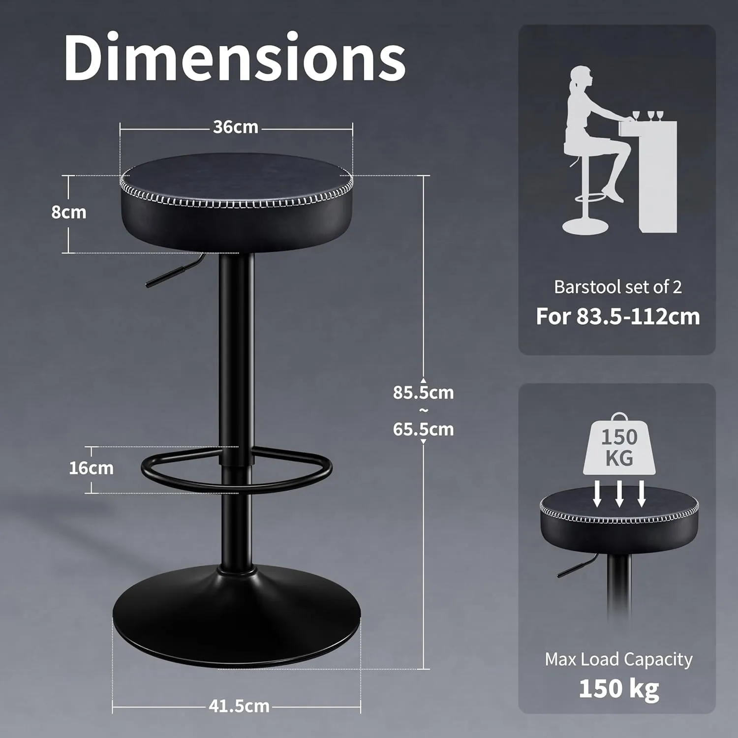 Swivel Bar Stools Set of 2 Black Microfiber Leather Counter Height Bar Stools with Round Seat Adjustable Backless Barstools Modern Tall Bar Chairs for Kitchen Island (24-33 Inch,330lbs)