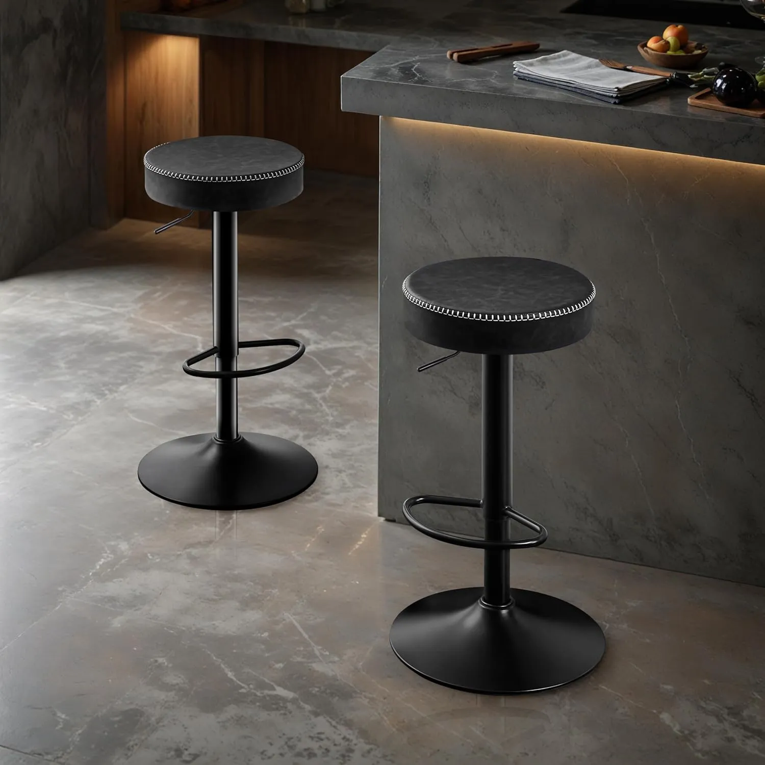 Swivel Bar Stools Set of 2 Black Microfiber Leather Counter Height Bar Stools with Round Seat Adjustable Backless Barstools Modern Tall Bar Chairs for Kitchen Island (24-33 Inch,330lbs)