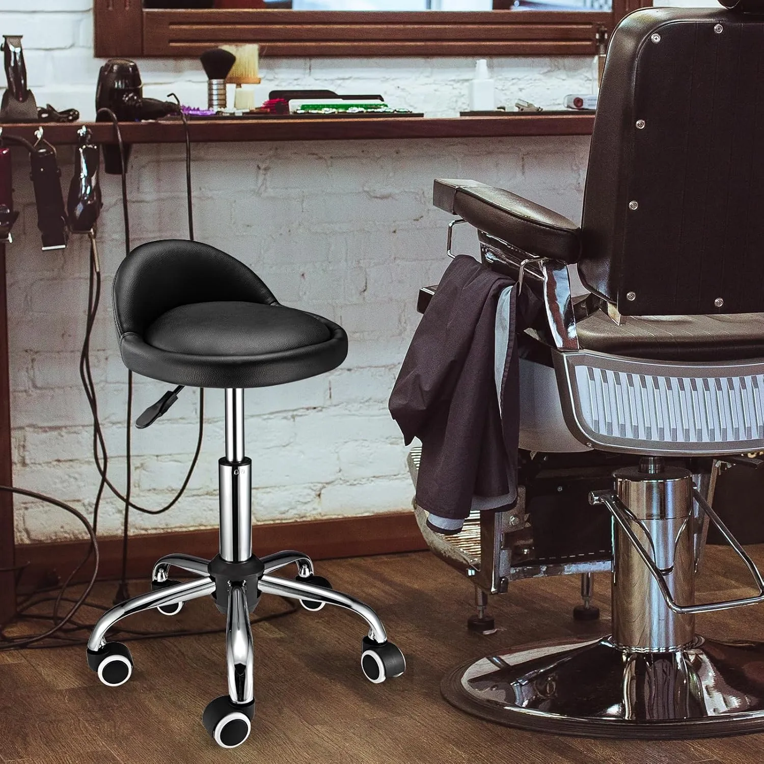 Swivel Rolling Stool with Wheels Height Adjustable Stool Chair Drafting Chair with Backrest Black